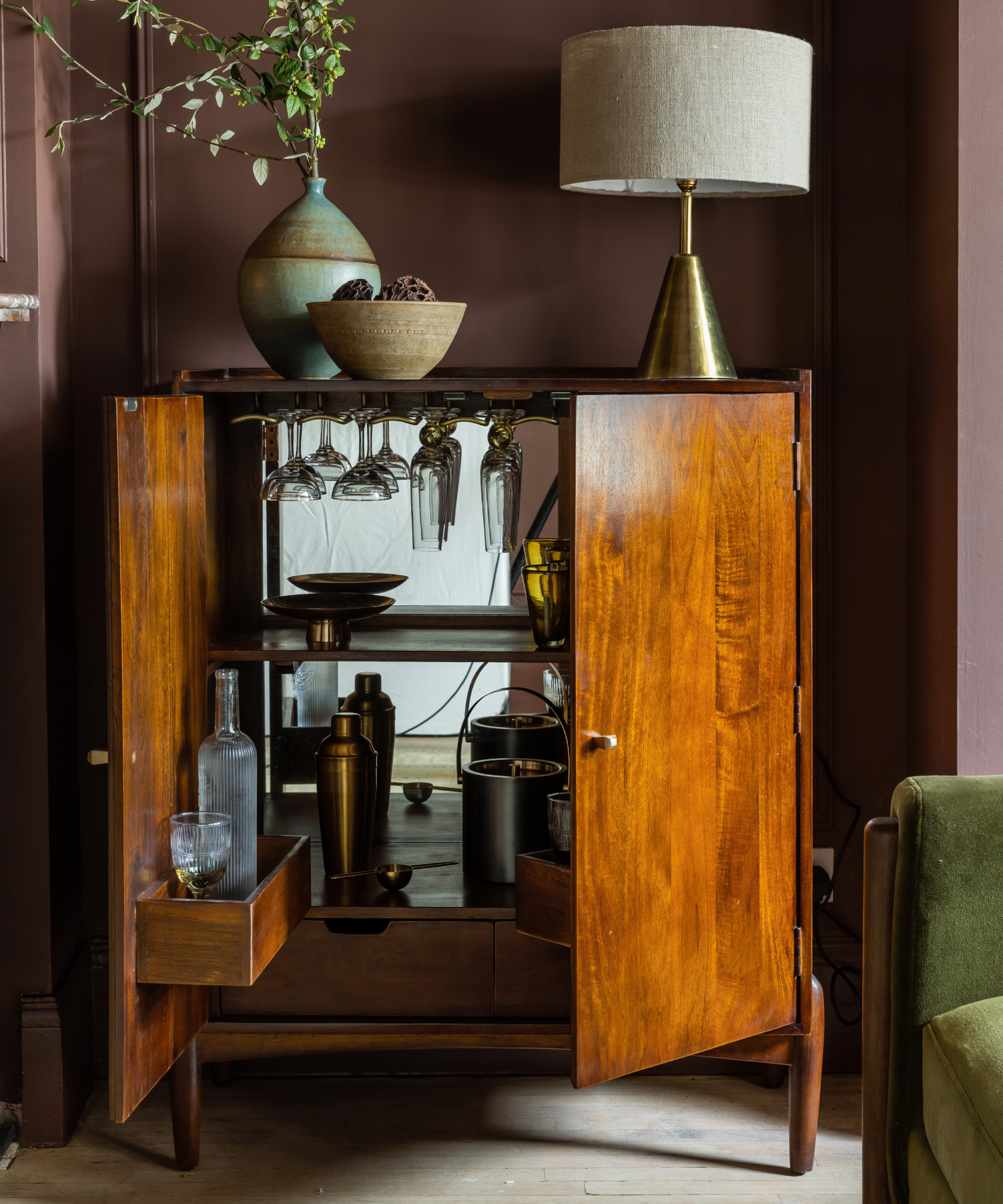 Atkin &amp; Thyme Quinn Bar Cabinet in pink sitting room