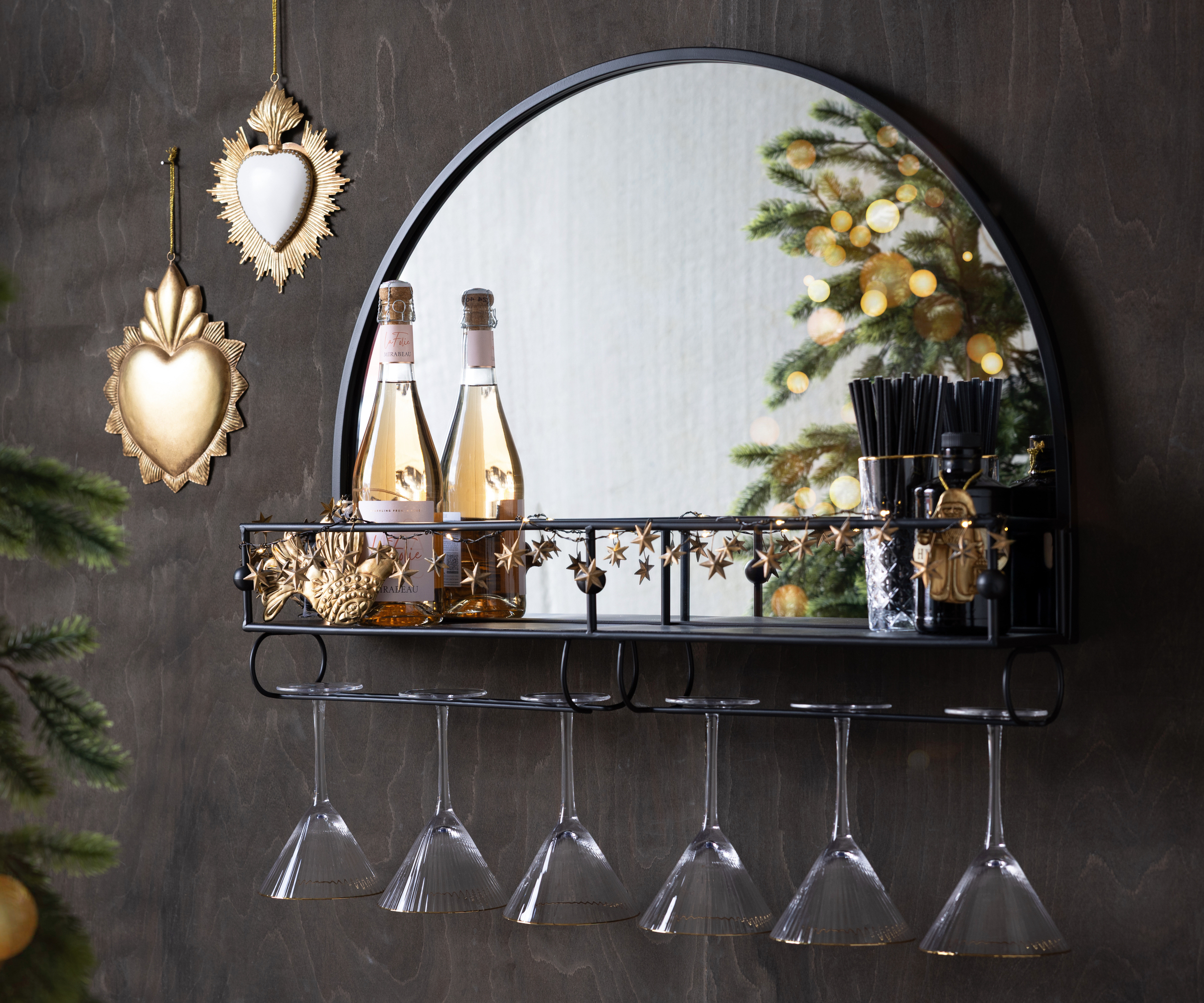 Wall-Mounted Black Metal Bar Shelf With Mirror