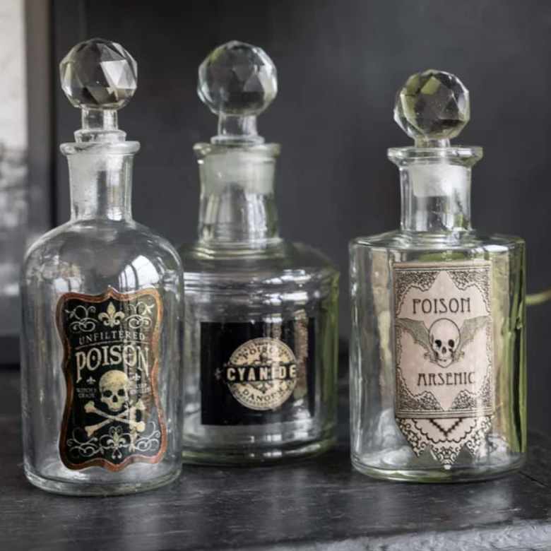 Apothecary-style Poison decanter bottles