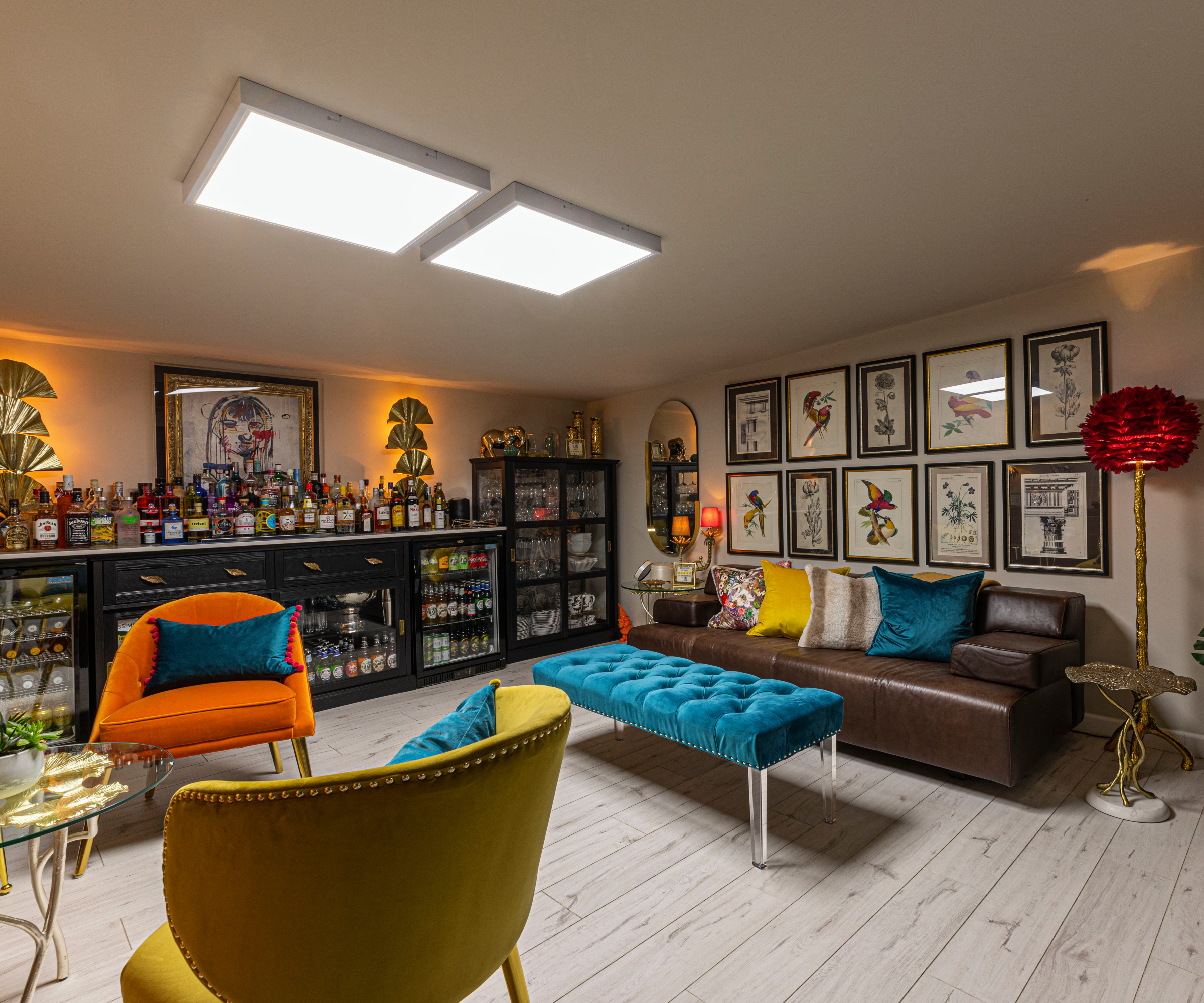 bar with daylight LEDs on ceiling, seating areas, light wooden floor and large bar and drinks storage