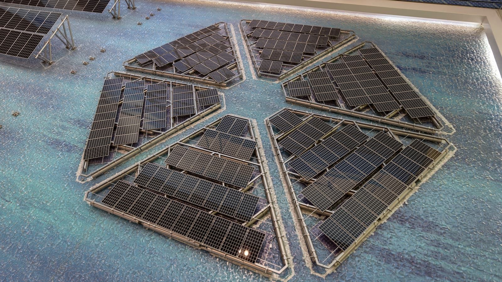 A model of a floating solar farm displayed at the Trina Solar Co. offices in Changzhou, Jiangsu province, China