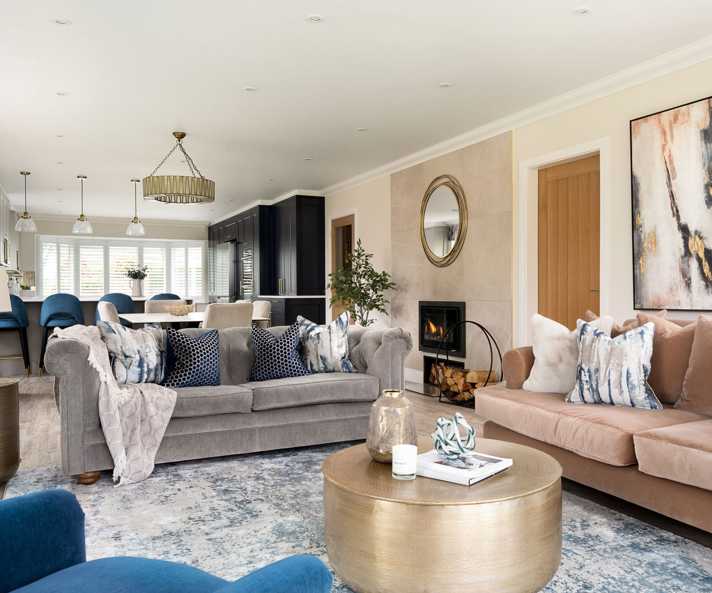 open plan living room leading to dining room