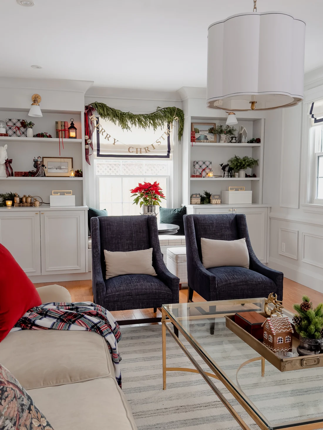 traditional red and green christmas decor, classic christmas living room decorations, cozy living room for the holidays classic traditional living room, living room arm chairs, red and green decorations