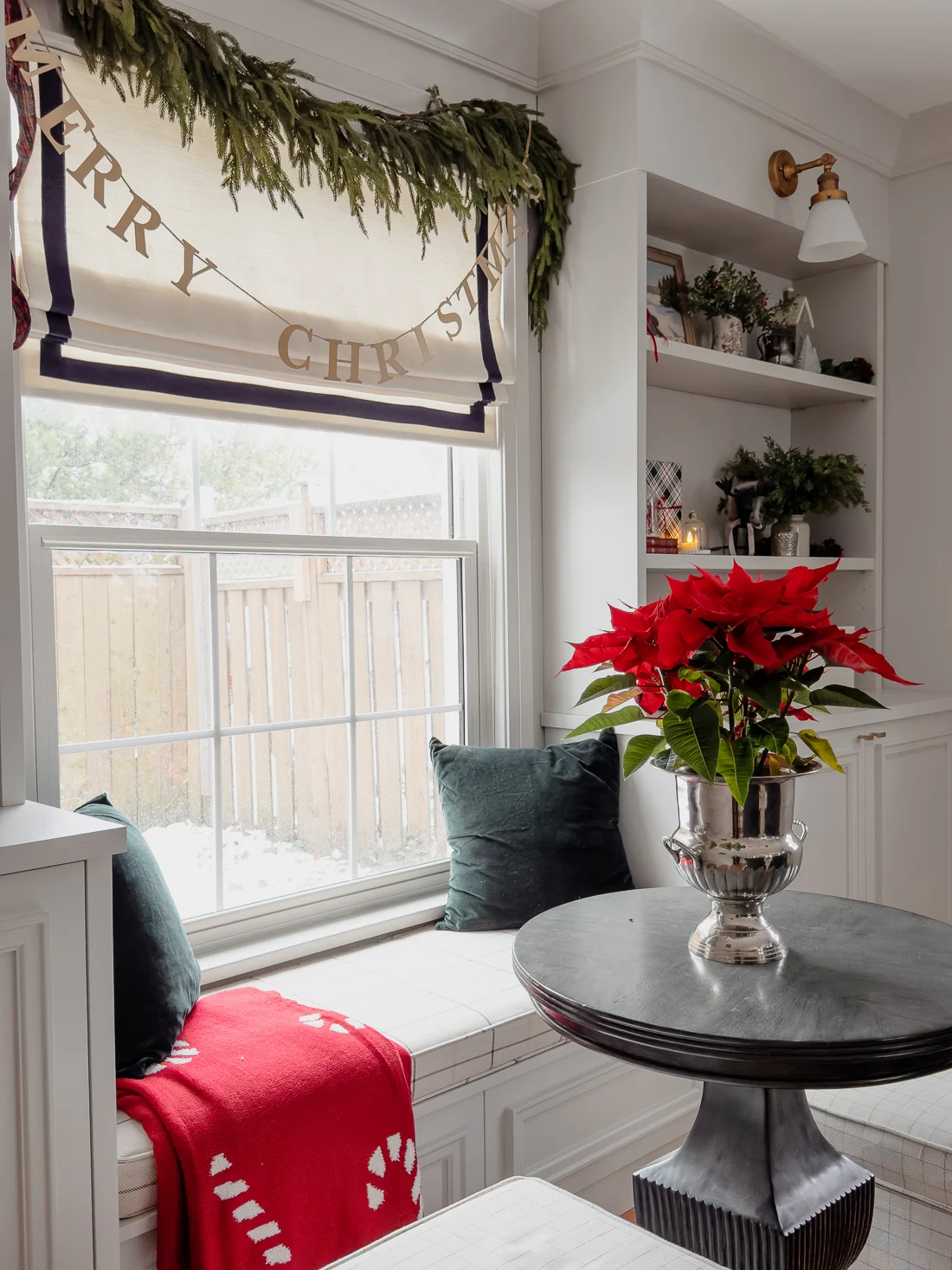 traditional red and green christmas decor, classic christmas living room decorations, cozy living room for the holidays classic traditional living room, cozy window seat, red and green decorations