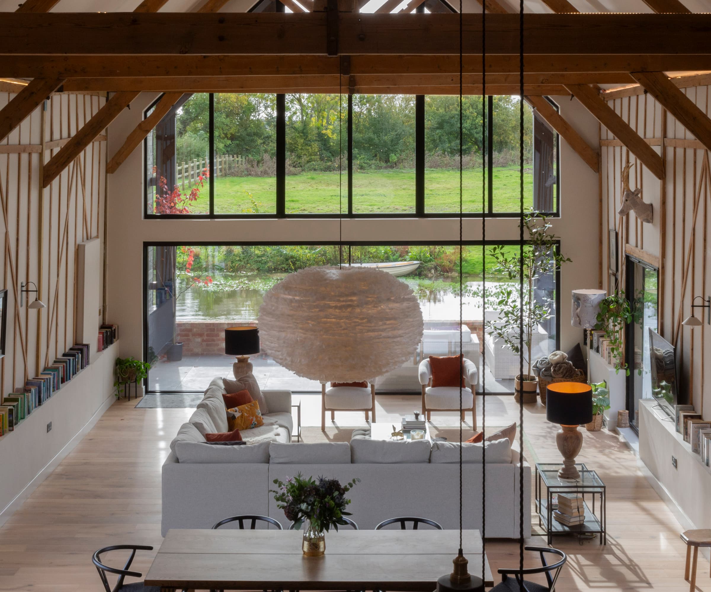 An open plan barn conversion seen from the top of a mezzanine