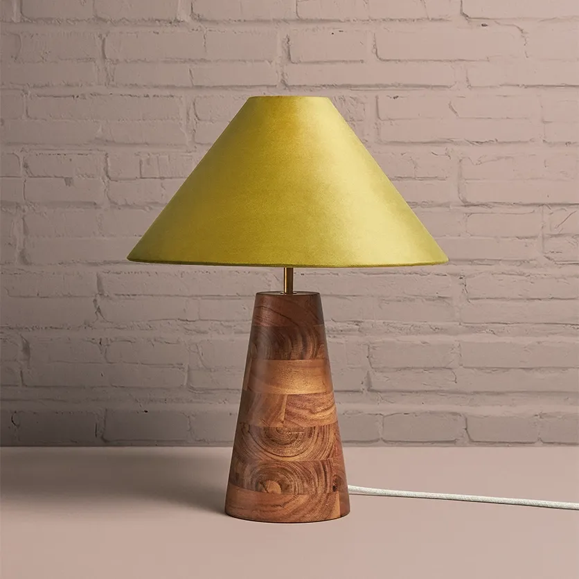 Wooden Conical Table Lamp With Olive Velvet Shade
