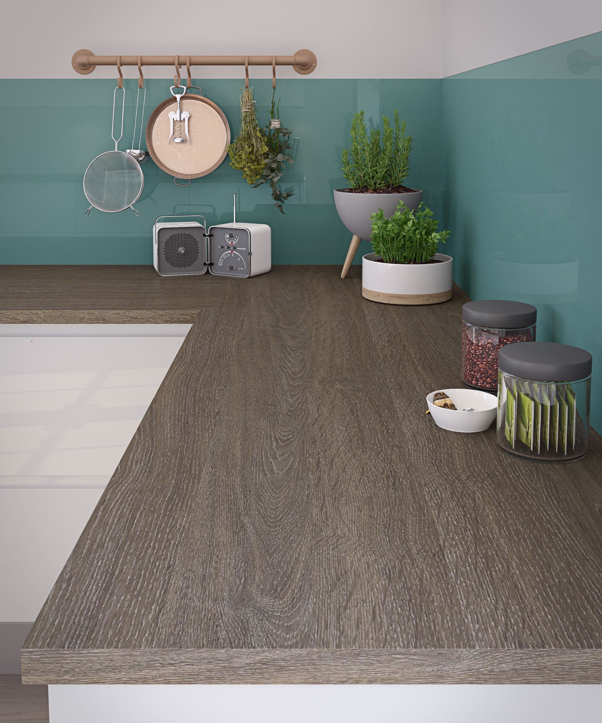 Wood-effect kitchen worktop with visible grain and small storage jars
