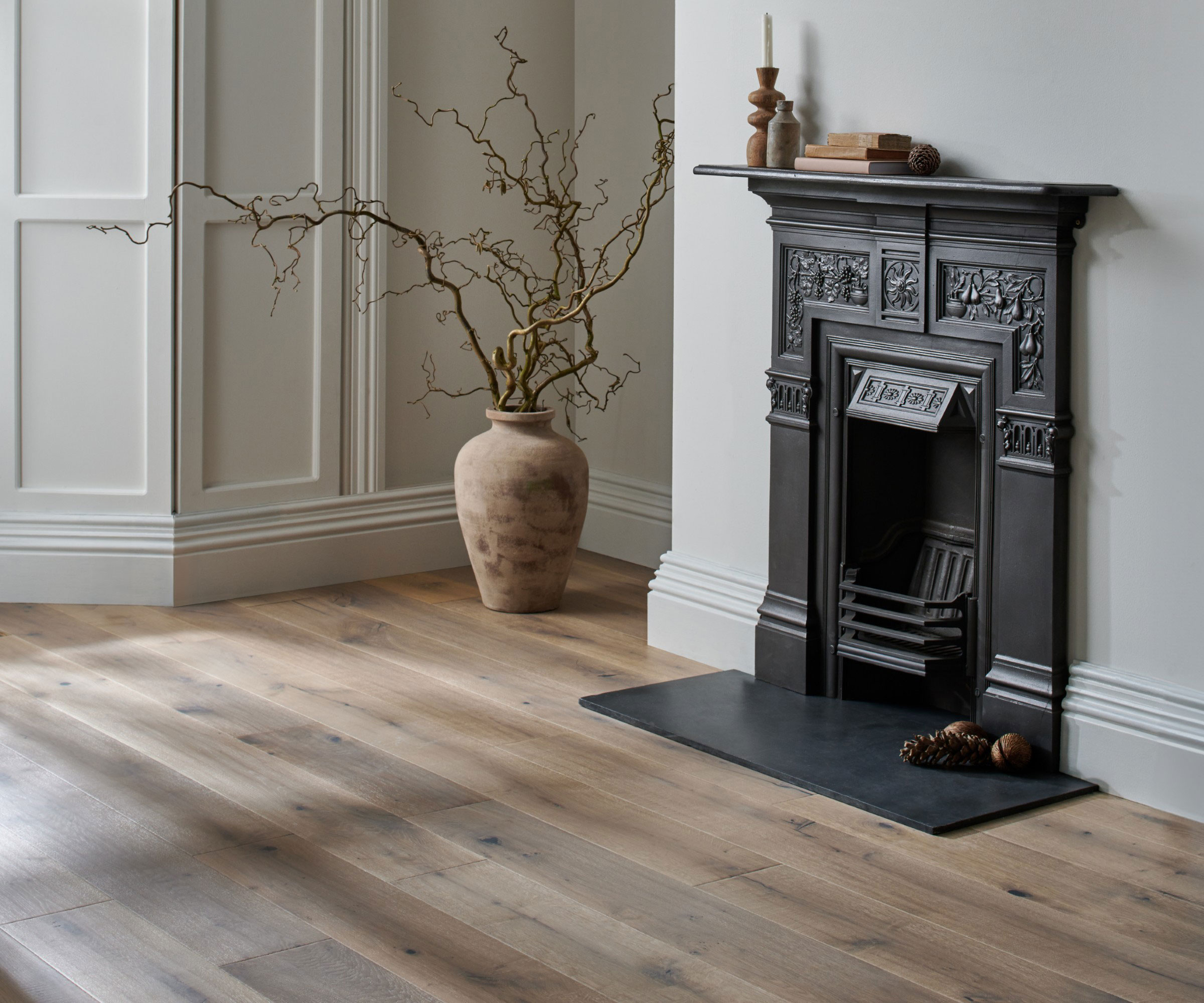 period style cast iron fireplace in room with wooden flooring