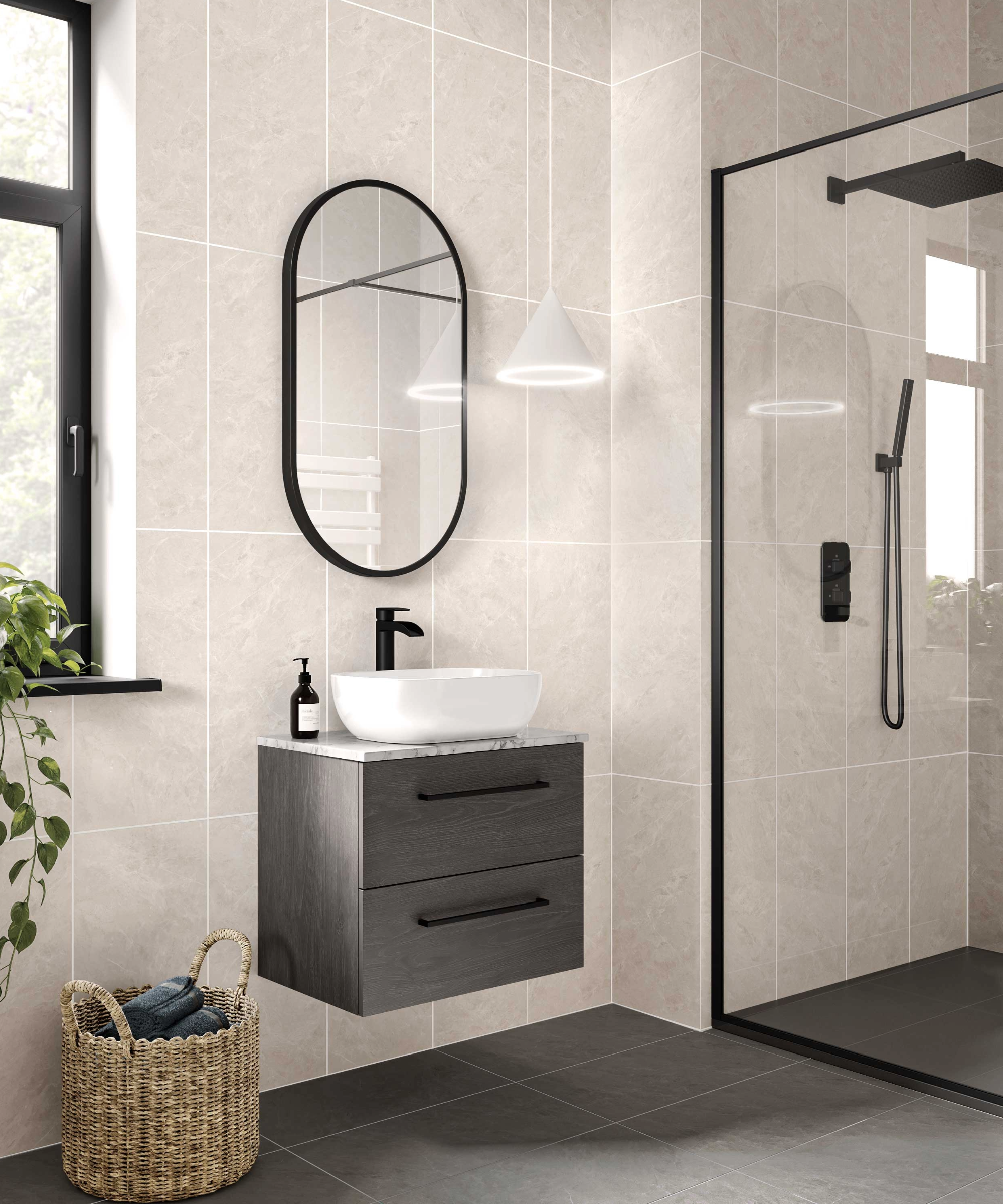 Neutral bathroom with black accents on the shower, window, cabinet, tap and mirror