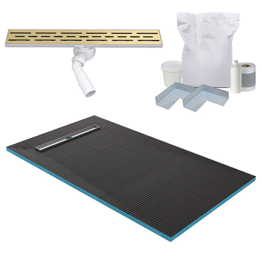 Wet room shower kit showing slim linear drain, waterproof tray, waste pipe, sealing tape and installation accessories on a white background.