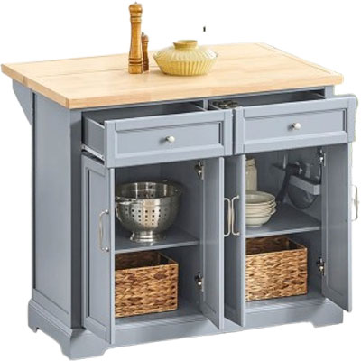 freestanding pale blue kitchen island with wooden worktop