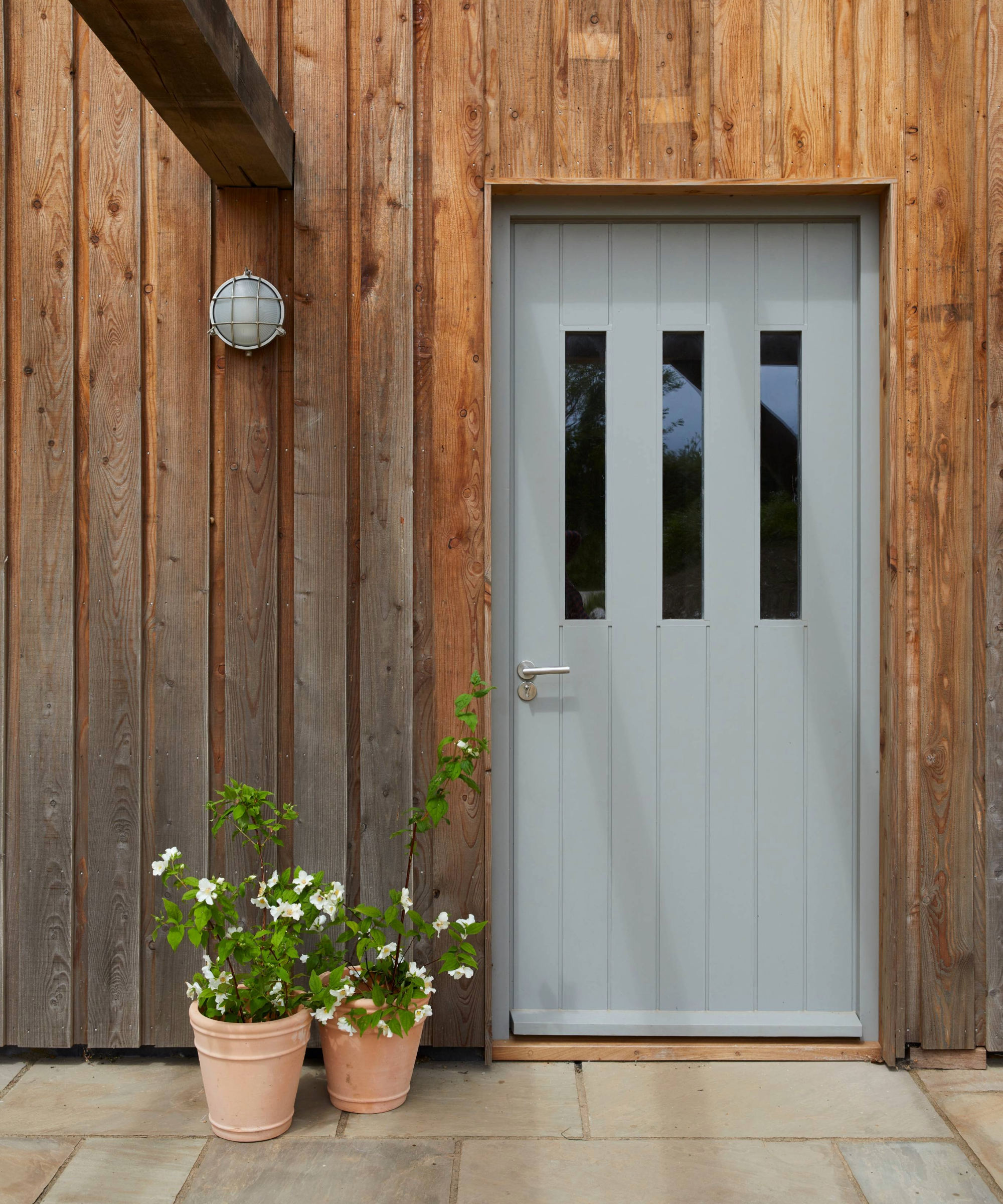Door with flower pots outside