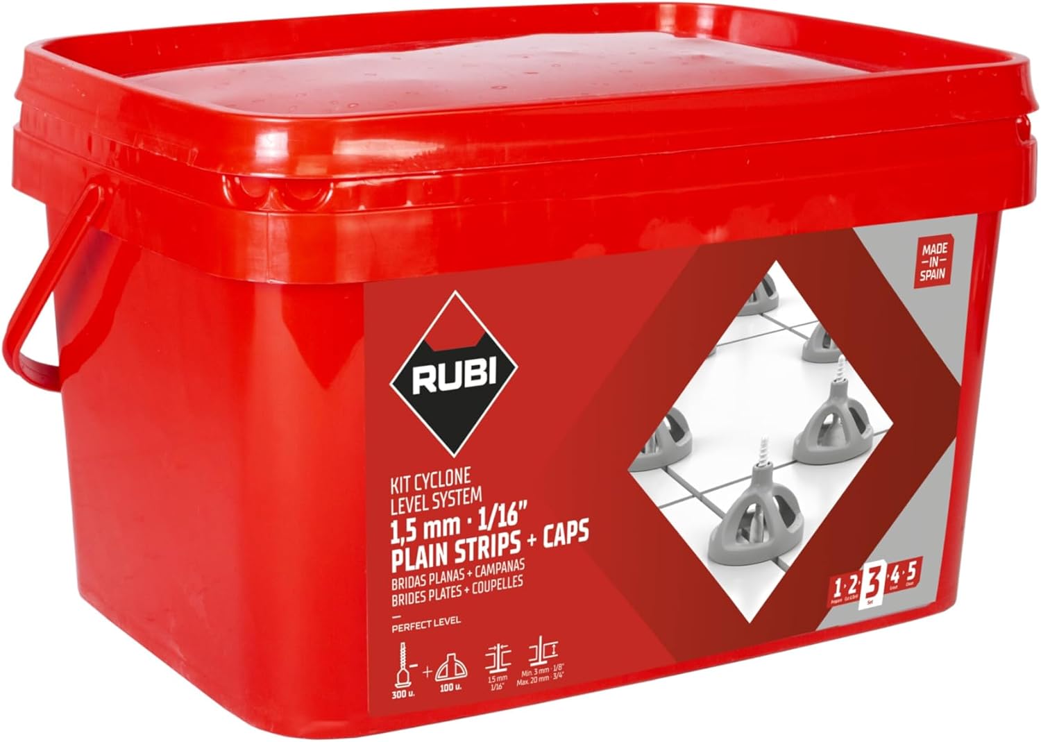 Rubi | Kit Cyclone Level System | Kit Consists of 300 Clips 1,5 Mm and 100 Reusable Caps | Tile Leveling System for Tile Formats From 30x30 Cm (12&rdquo;x12&rdquo;) or Bigger | Stone Tile