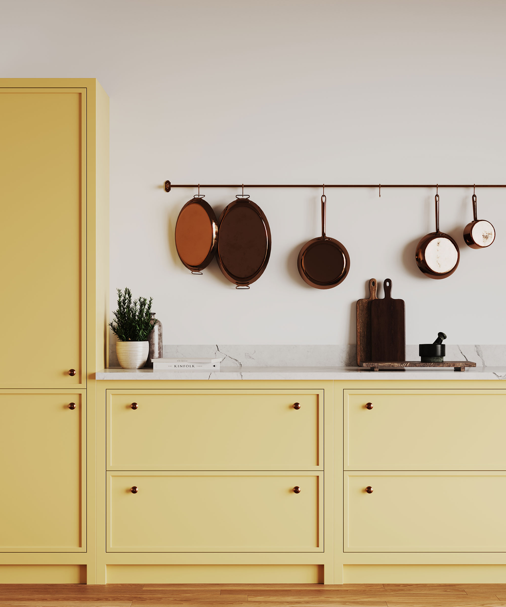 modern yellow Shaker kitchen with hanging rack for pots and pans