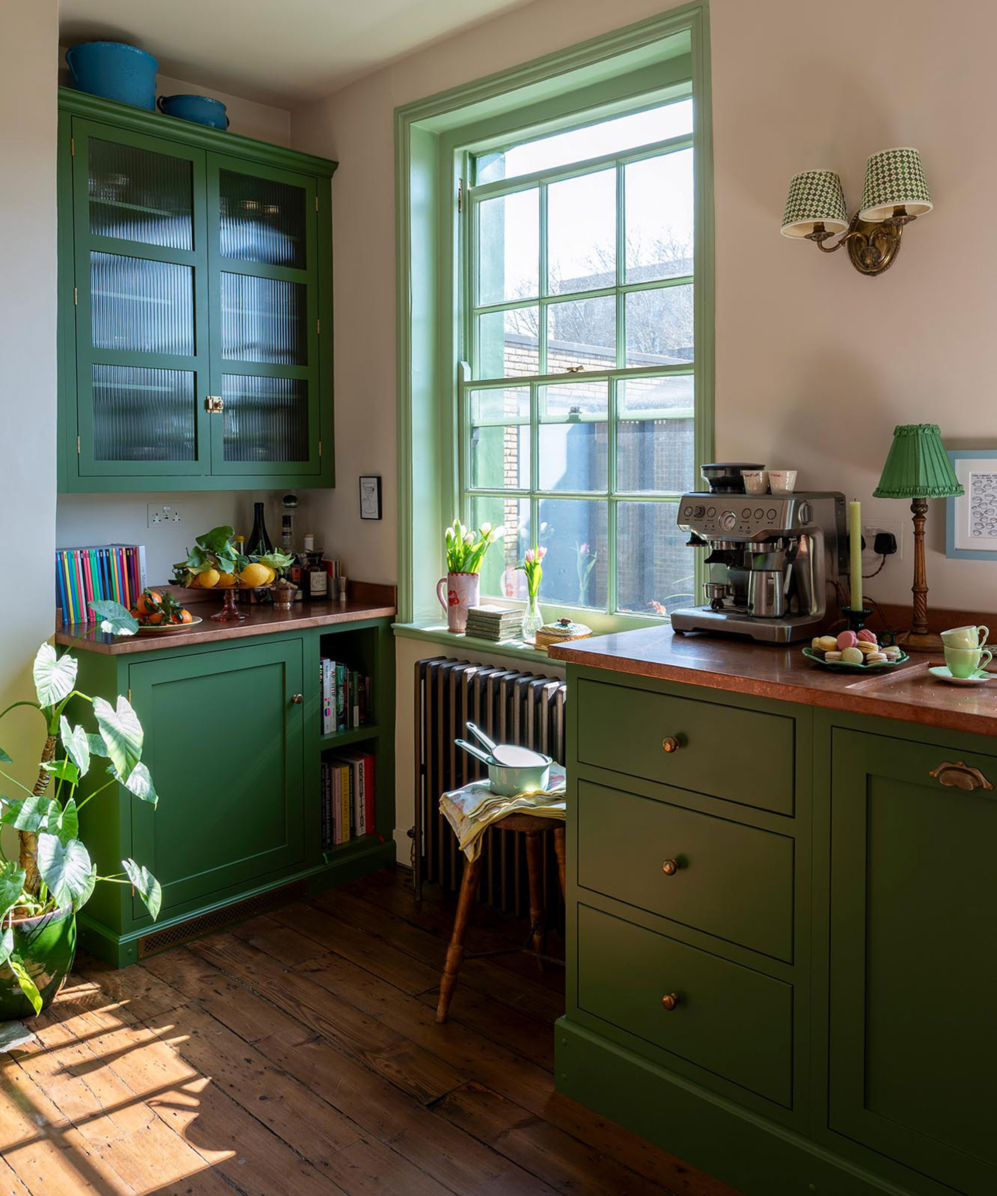 green kitchen with wooden flooring and sash window